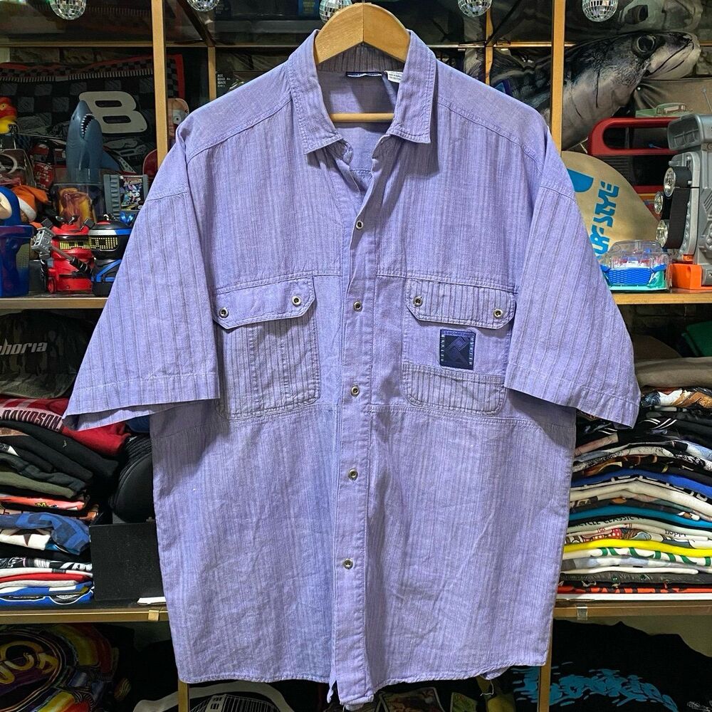 Vintage 90s Gitano Geometric Method Short Sleeve Button Shirt Mens Large Purple